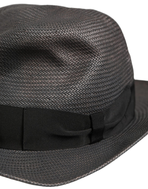 Men Gray Paper Woven Wide Brim Fedora Hat Textile