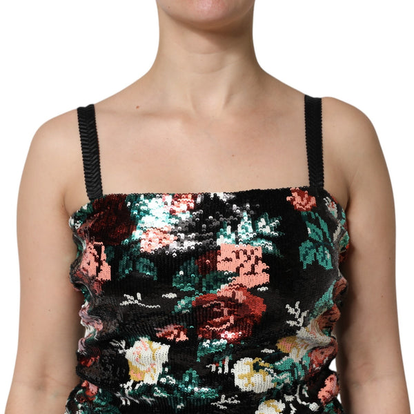 Black Floral Sequin Sleeveless Sheath Dress Polyester
