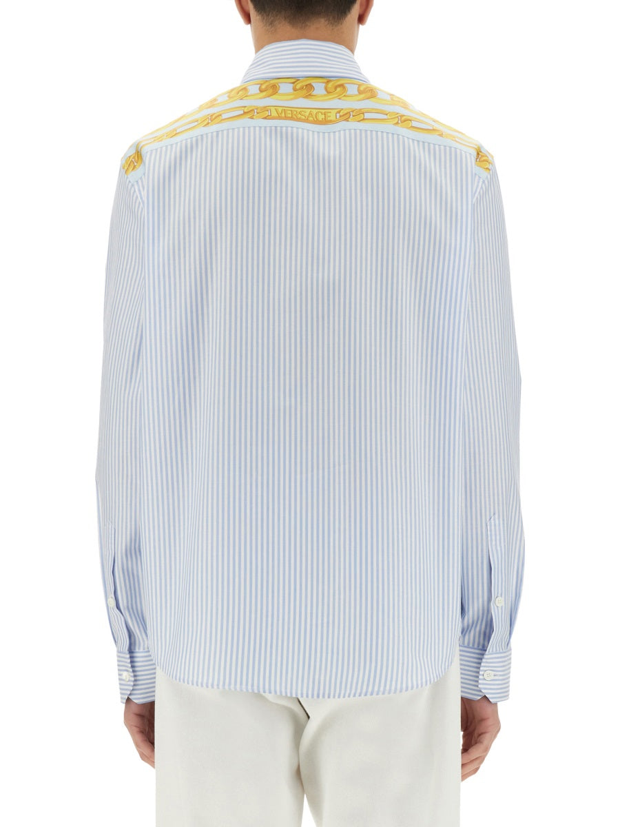 Striped Shirt With Silk Printed Insert Azure Cotton -