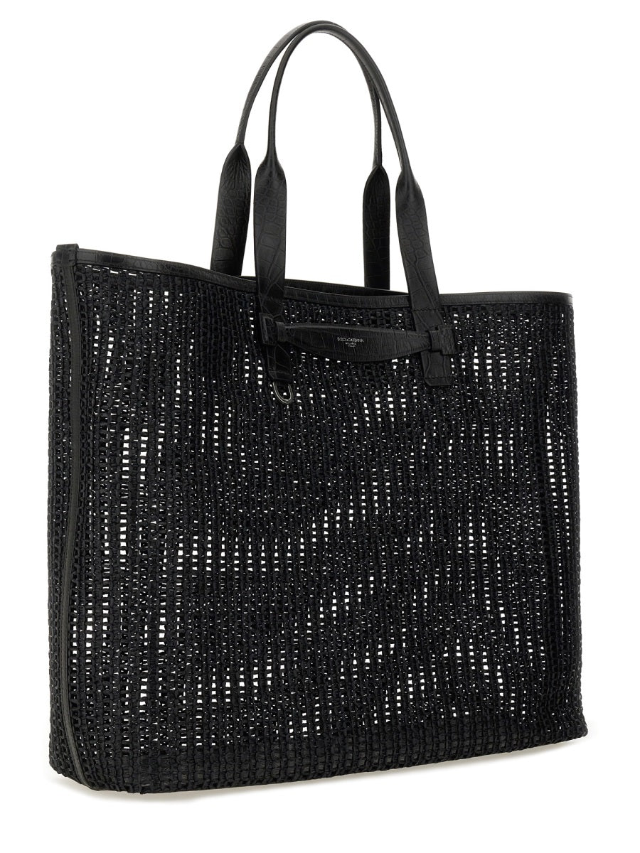 Woven Mesh Shopping Bag Black Cotton Handbags