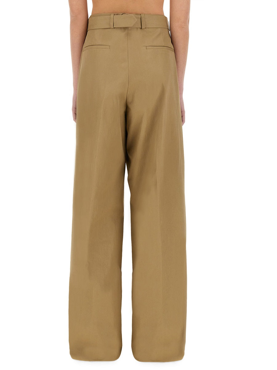 Wide-Leg Pants With Belt Beige Cotton Trousers