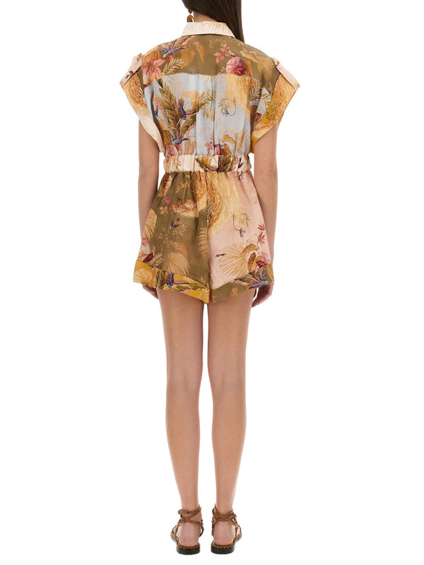 Short Overalls With Ascension Lapels Multicolour Linen Jumpsuits