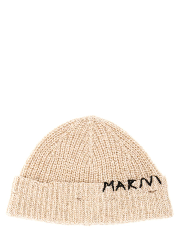 Beanie Hat With Marni Mending Embroidery Beige Virgin Wool Knit
