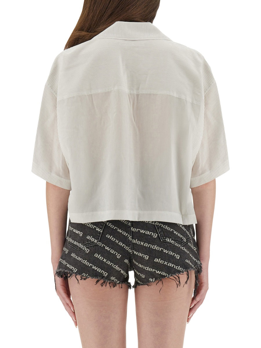 Striped Shirt With Embroidered Logo White Lyocell