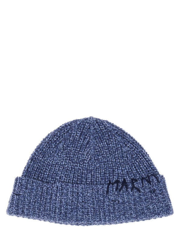 Beanie Hat With Marni Mending Embroidery Blue Virgin Wool Knit