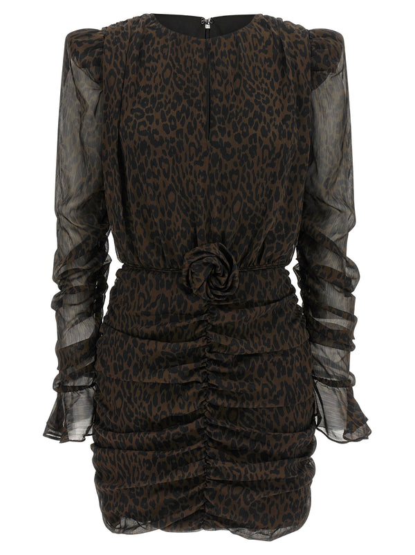 Rotate Birger Christensen Leopard-Print Ruched Dress — Black