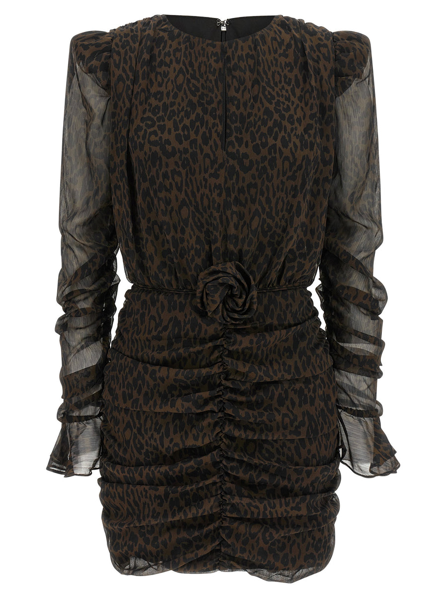 Rotate Birger Christensen Leopard-Print Ruched Dress — Black