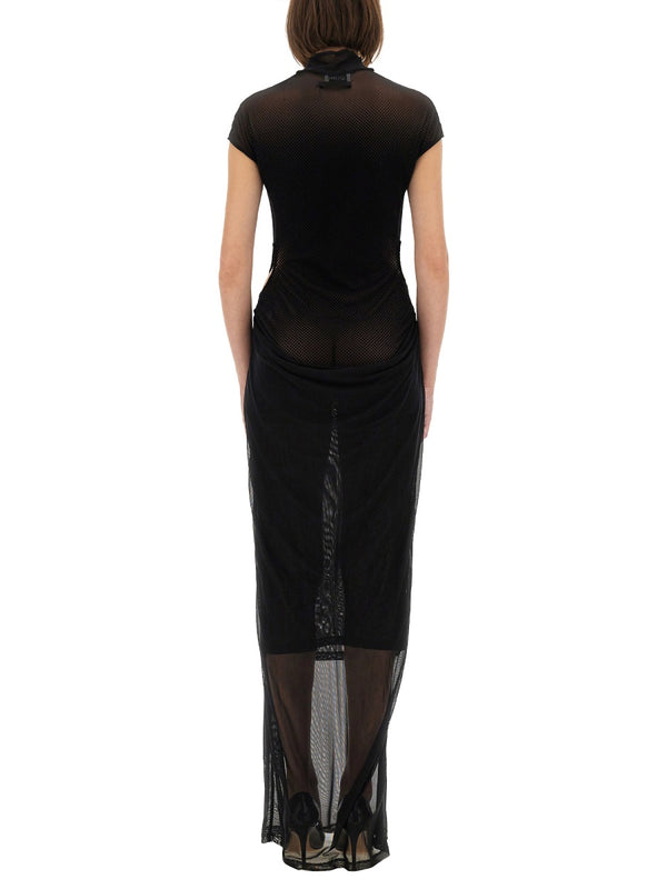 Mesh Dress With Flocked Logo Black Polyamide Elastane