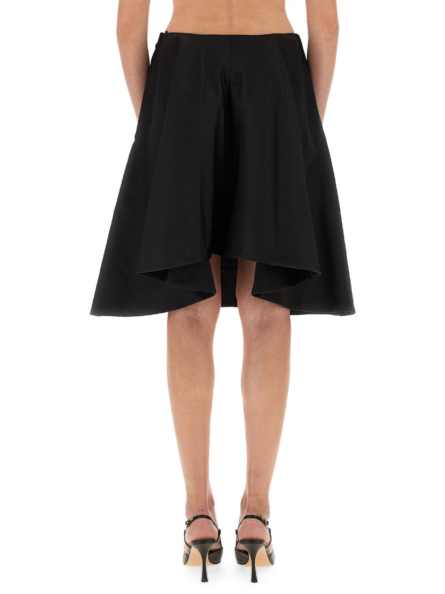 Flared Midi Skirt Black Polyester Silk