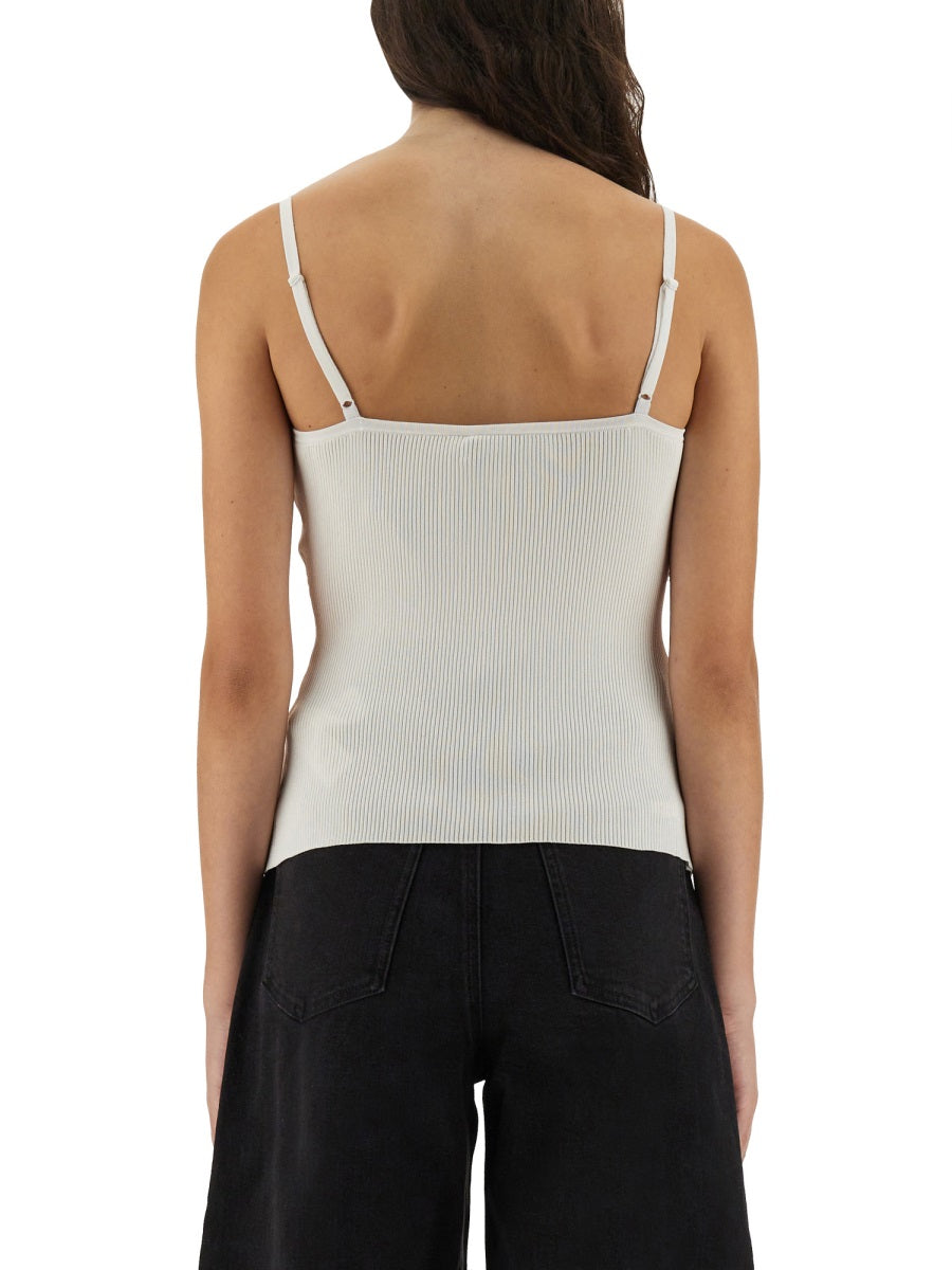 Ribbed Knit Top With Lace White Viscose Tops