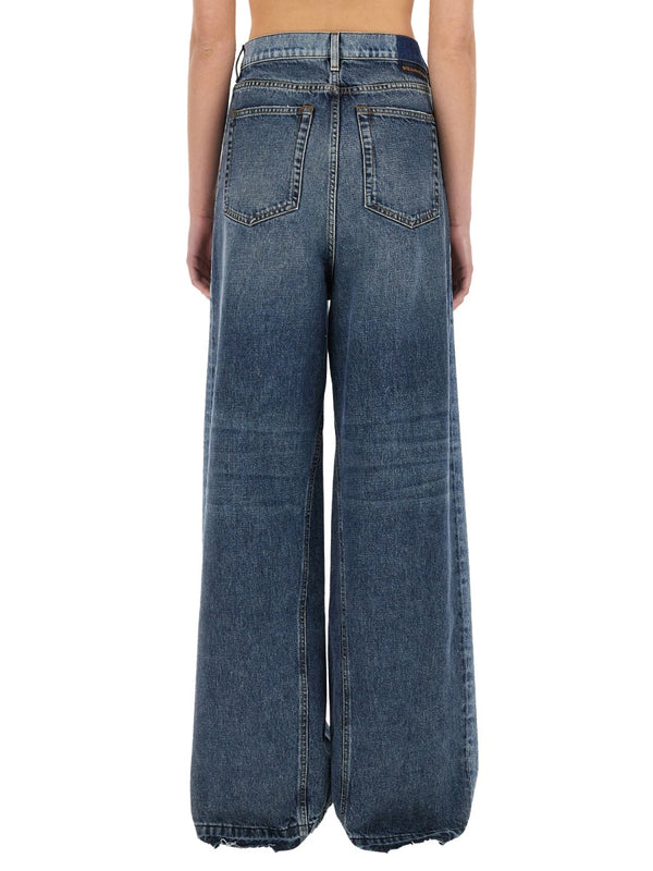 Wide-Leg Jeans With Contrasting Panels Denim Cotton