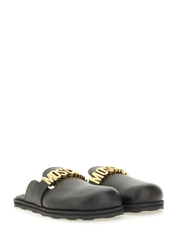 Leather Sabot With Logo Lettering Black Shoe