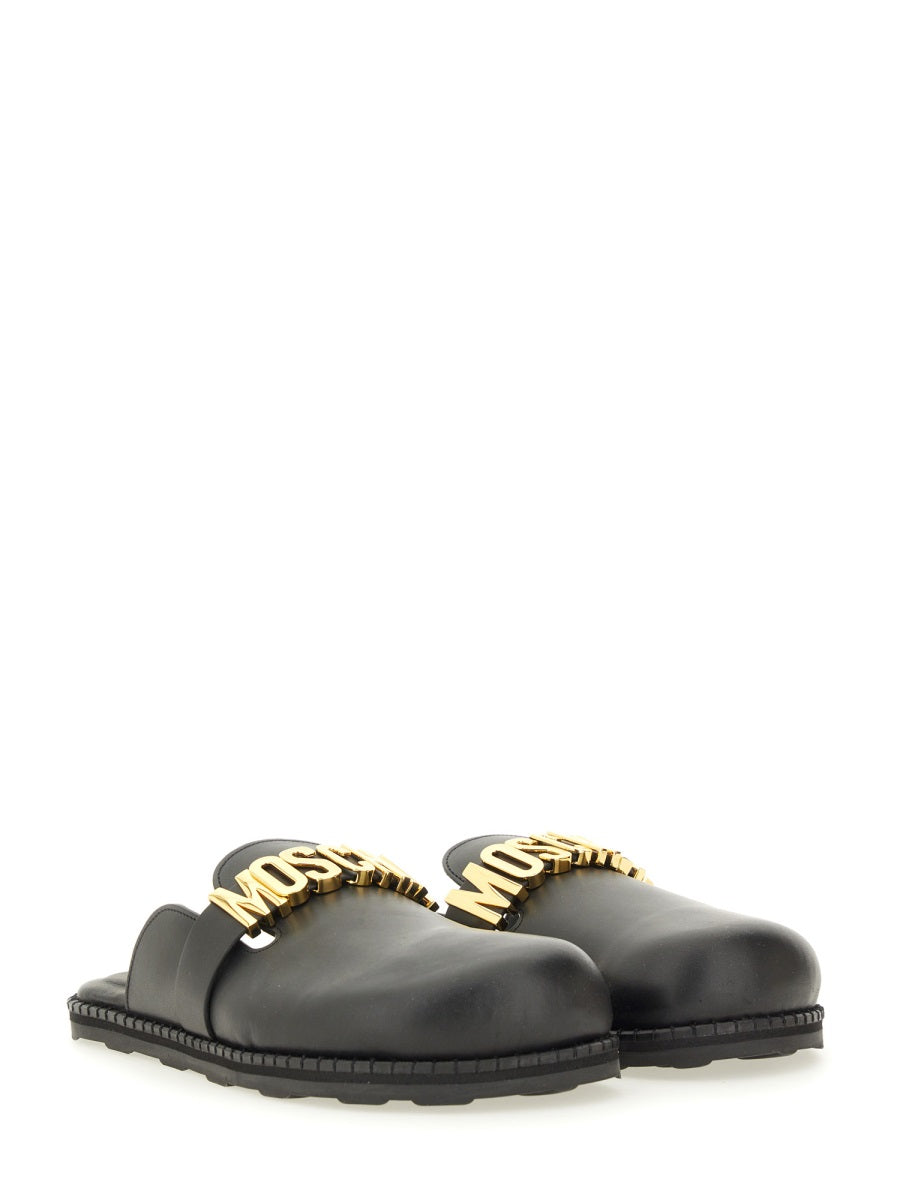 Leather Sabot With Logo Lettering Black Shoe