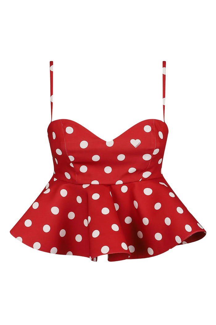 Polka Dot Peplum Crop Top Red Poliestere