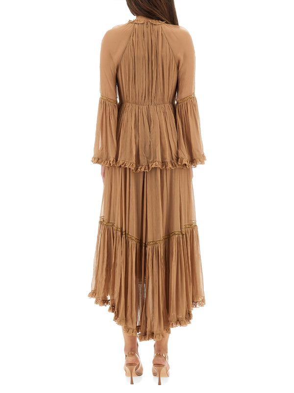 Hypnotic Peplum Ruffle Dress Beige Viscose