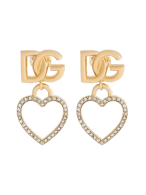 Stud Earrings With Hearts And Logo Gold Brass Glass