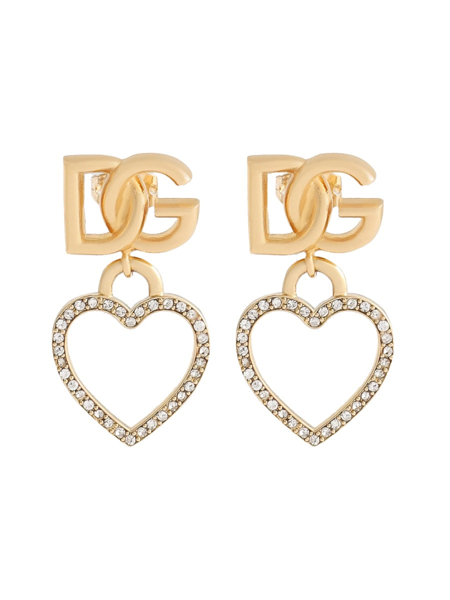 Stud Earrings With Hearts And Logo Gold Brass Glass