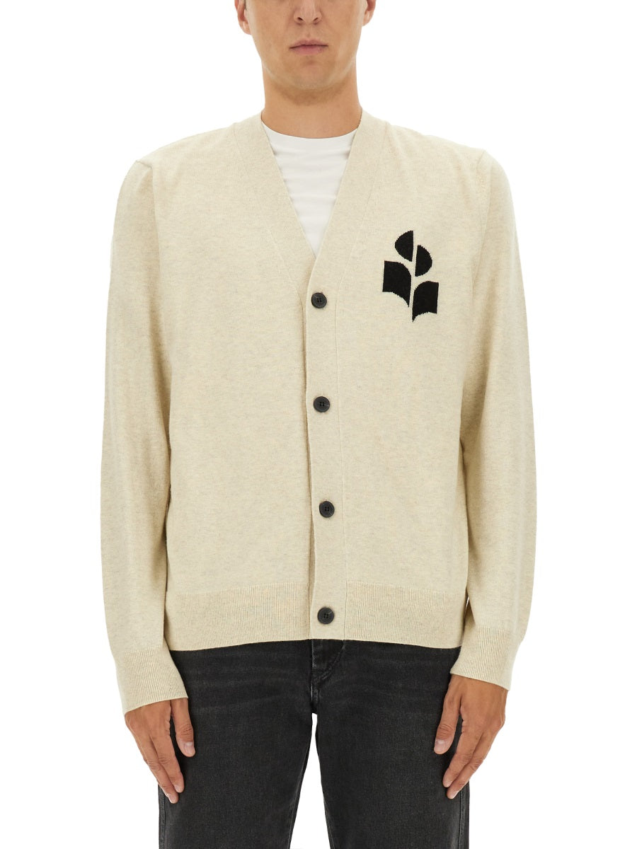Cardigan With Logo Ivory Cotton Jumpers