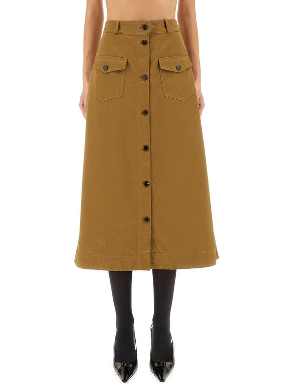 Midi Skirt With Buttons Beige Cotton