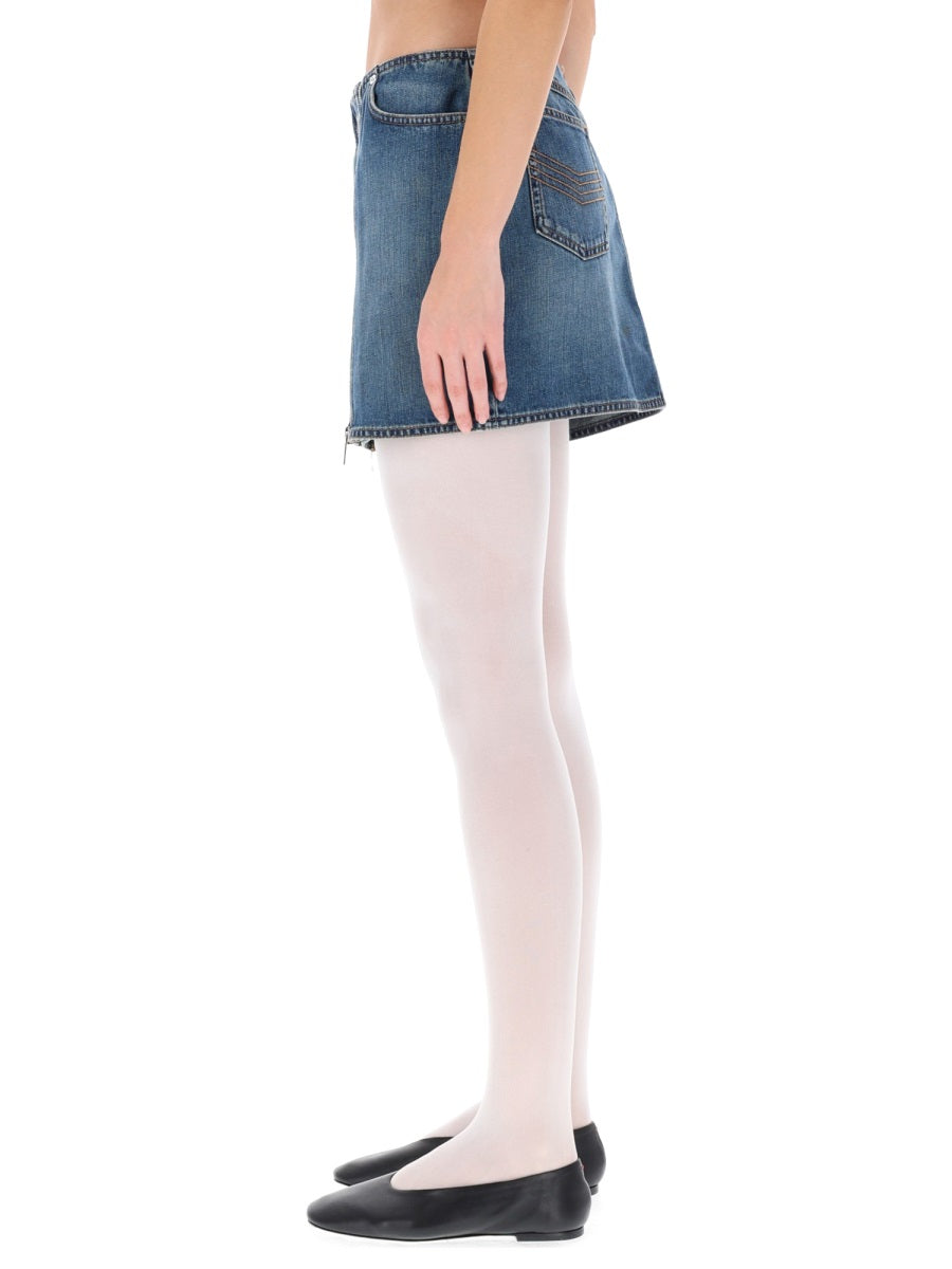 Miniskirt With Double Zipper Denim Cotton Skirt