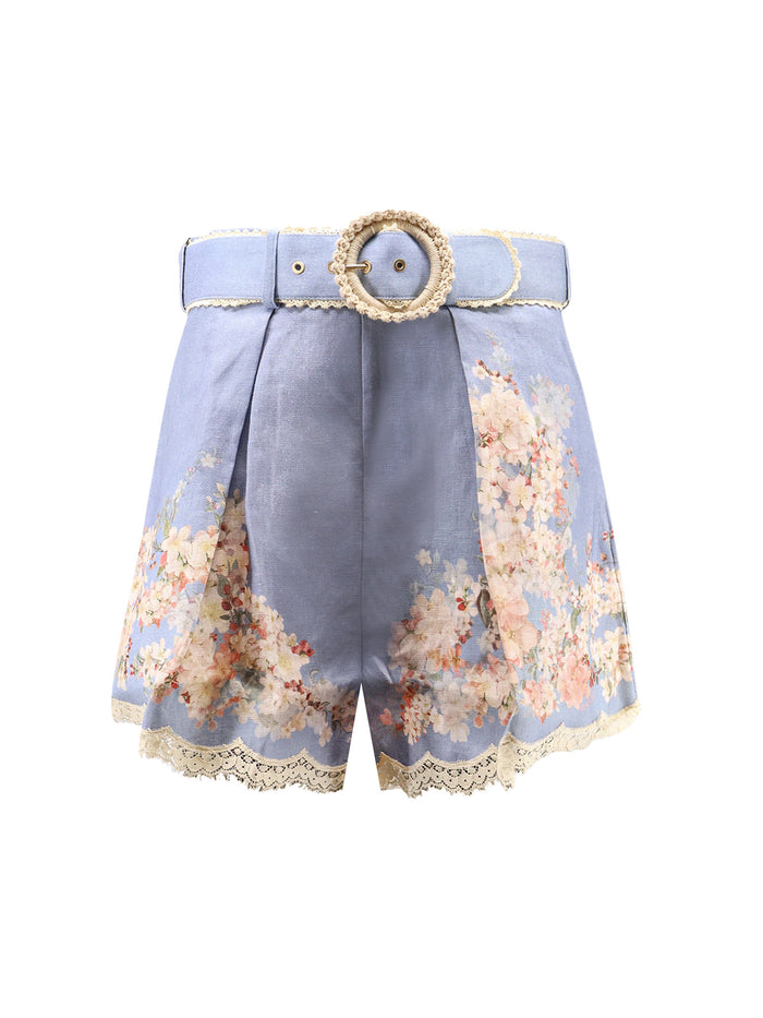 Zimmermann Shorts Teal Blue Botanical Floral Lino
