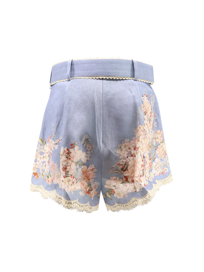 Zimmermann Shorts Teal Blue Botanical Floral Lino