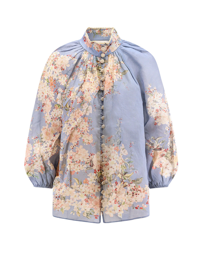 Zimmermann Shirts Teal Blue Botanical Floral Ramie