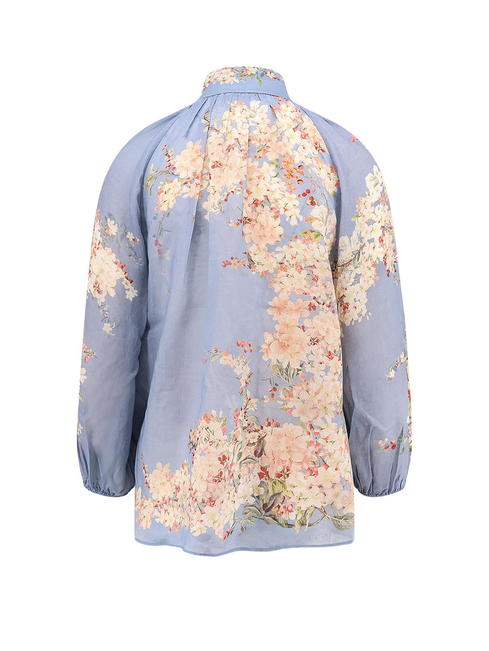 Zimmermann Shirts Teal Blue Botanical Floral Ramie