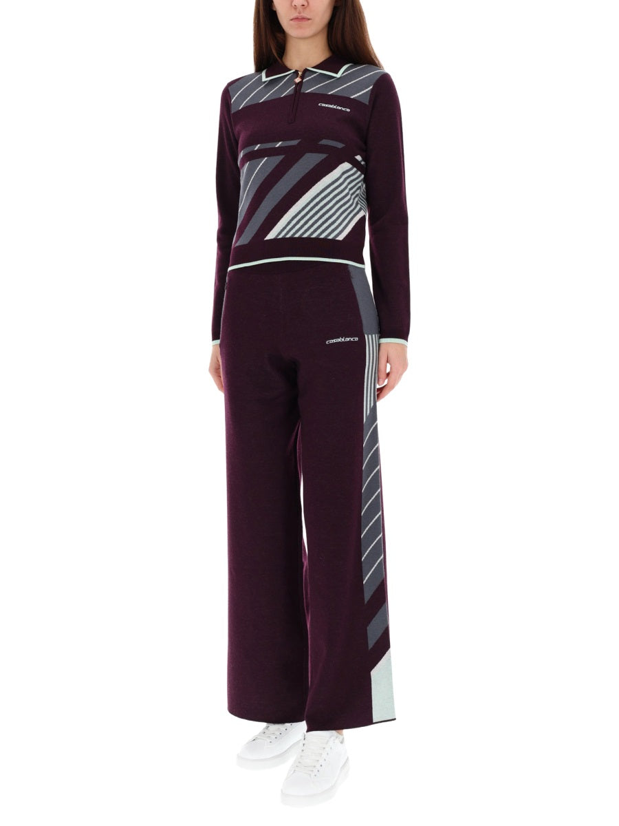 Diagonal Tennis Polo Shirt Purple Merino Wool