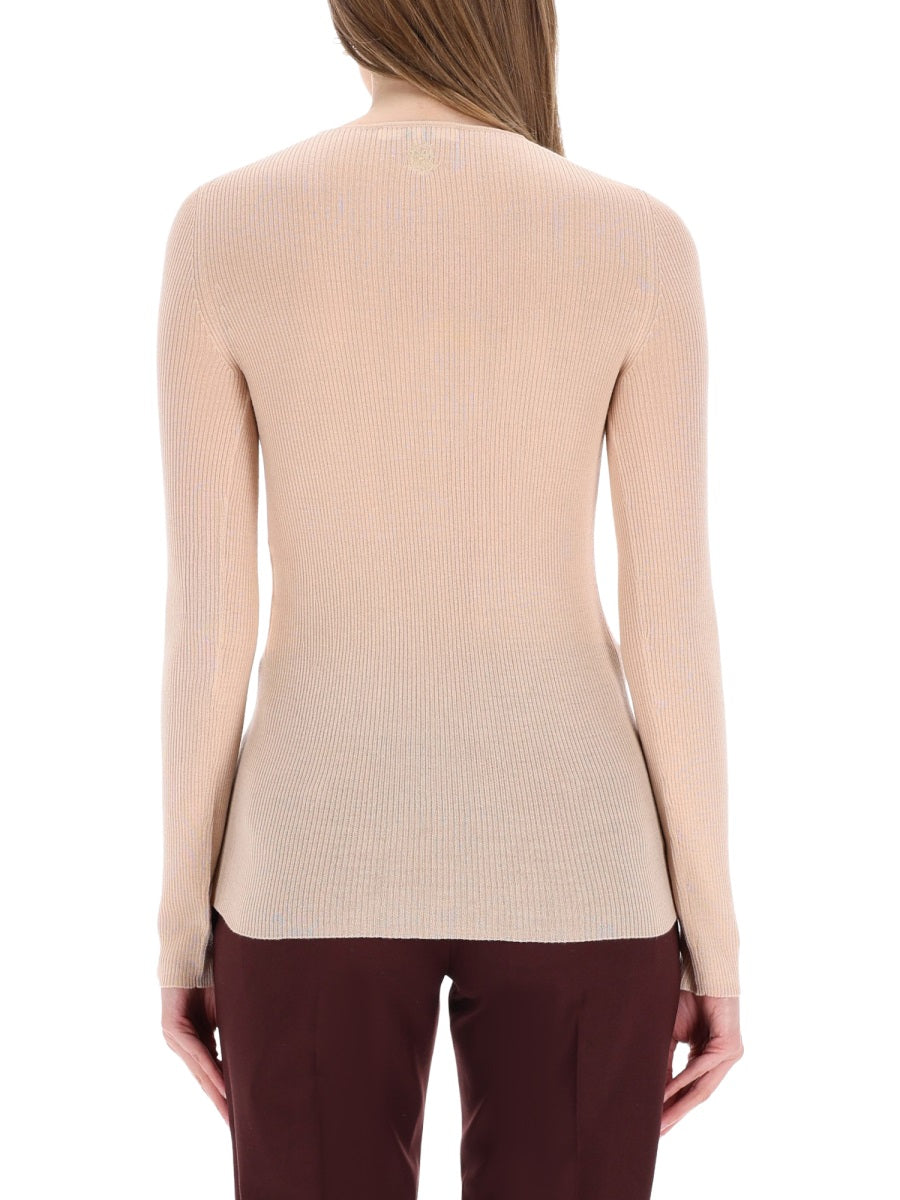 Ribbed Knit Top With Buttons Pink Wool Tops