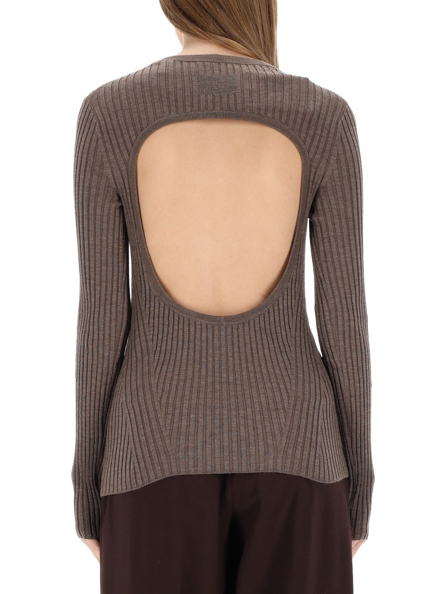 Ribbed Top With Open Back Brown Wool Tops