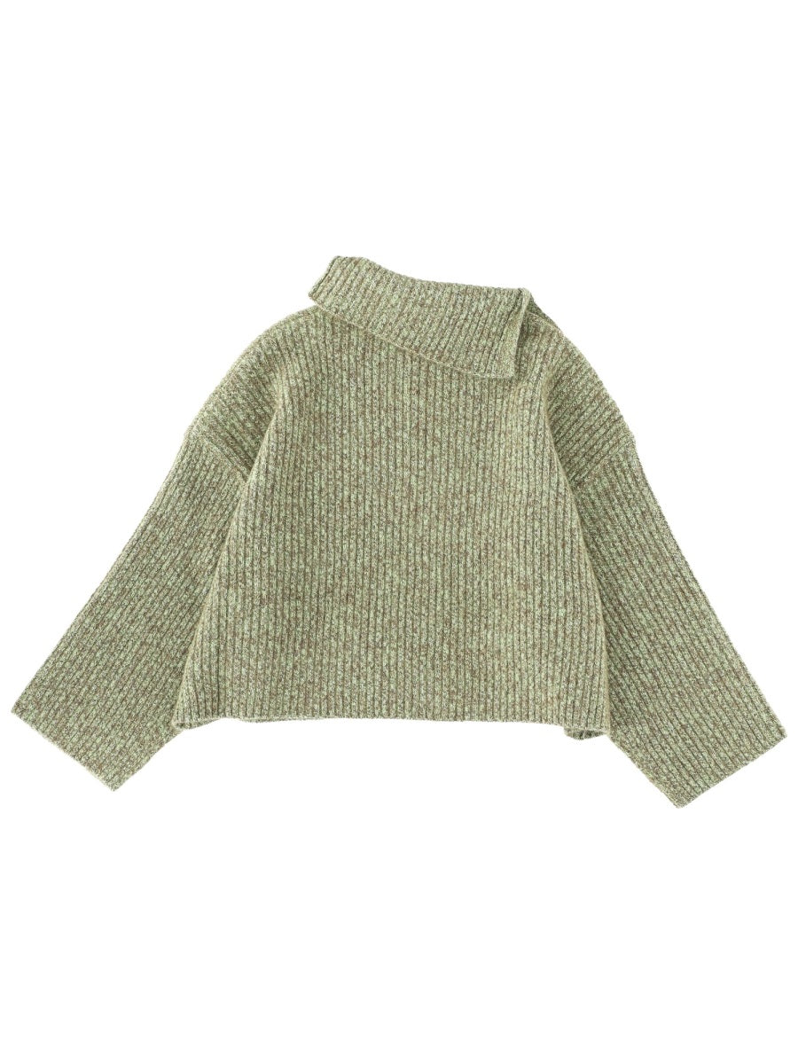 Sweater With Side Button Closure Green Wool Jumpers