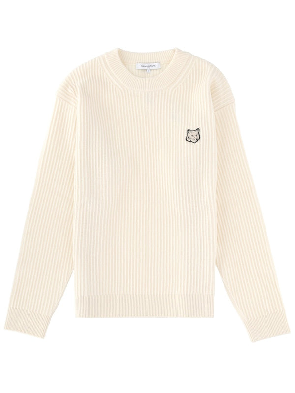 Ribbed Knit With Fox Patch Powder Merino Wool Jumpers