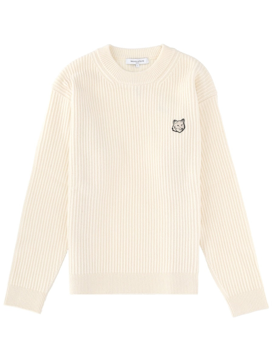Ribbed Knit With Fox Patch Powder Merino Wool Jumpers