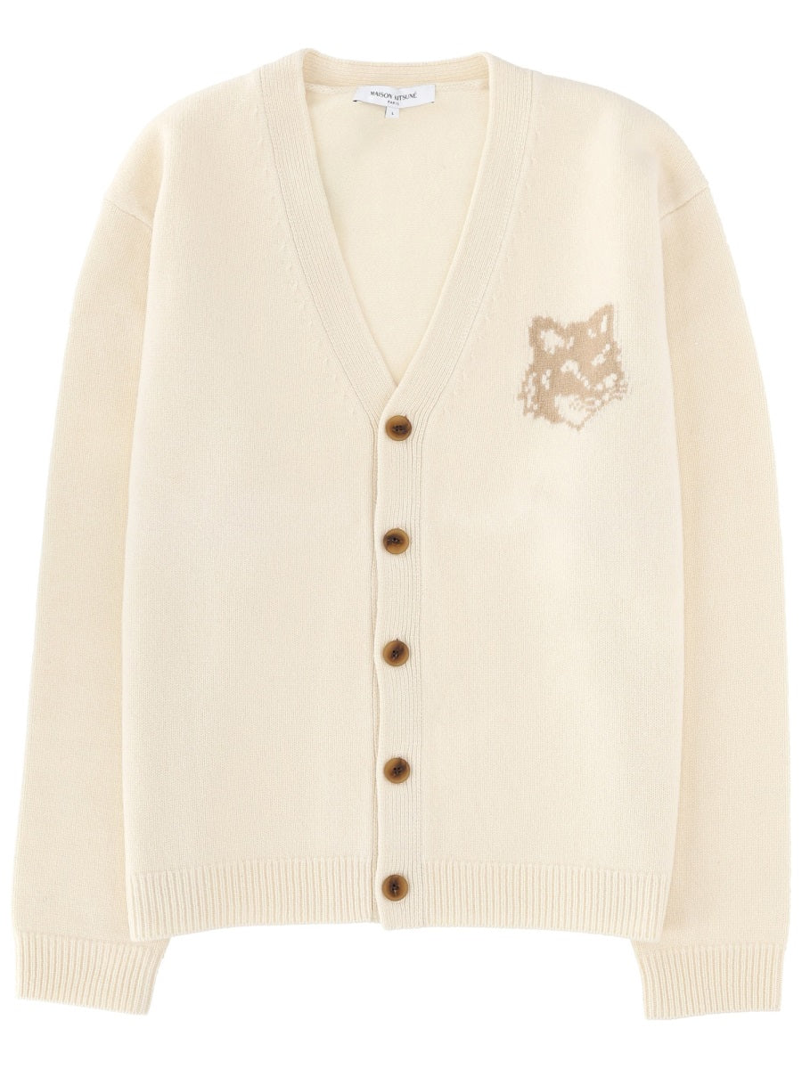 Fox Head Cardigan Beige Merino Extrafine Wool Jumpers