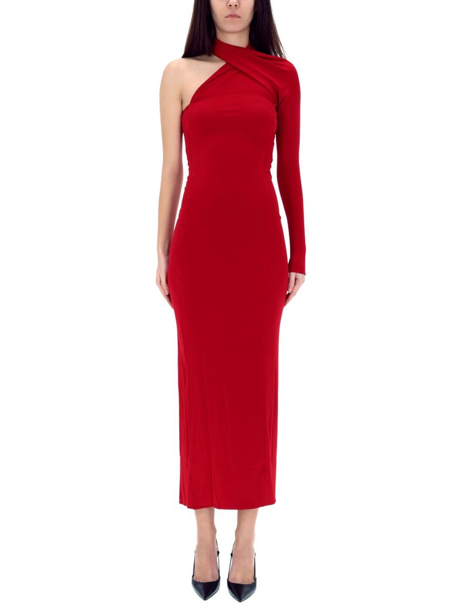 Draped One-Shoulder Dress Red Viscose Elastane