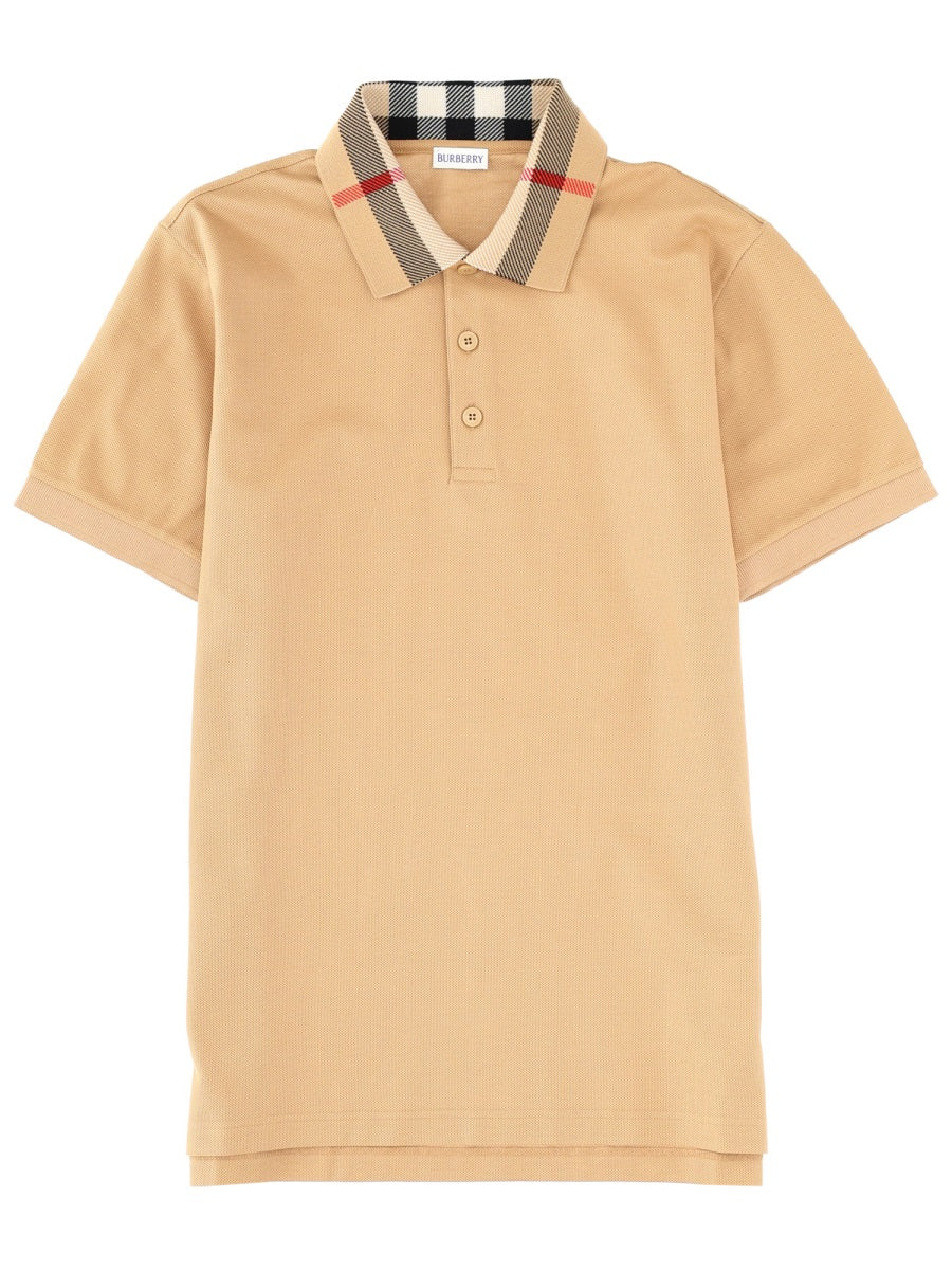 Polo Shirt With Check Collar Beige Cotton