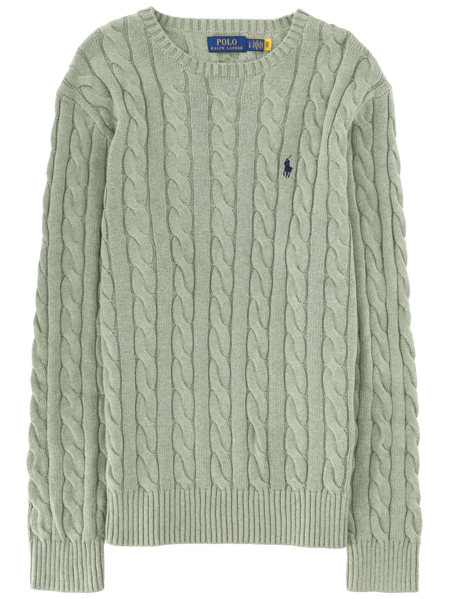 Cable Knit Jumper With Logo Green Cotton Jumpers