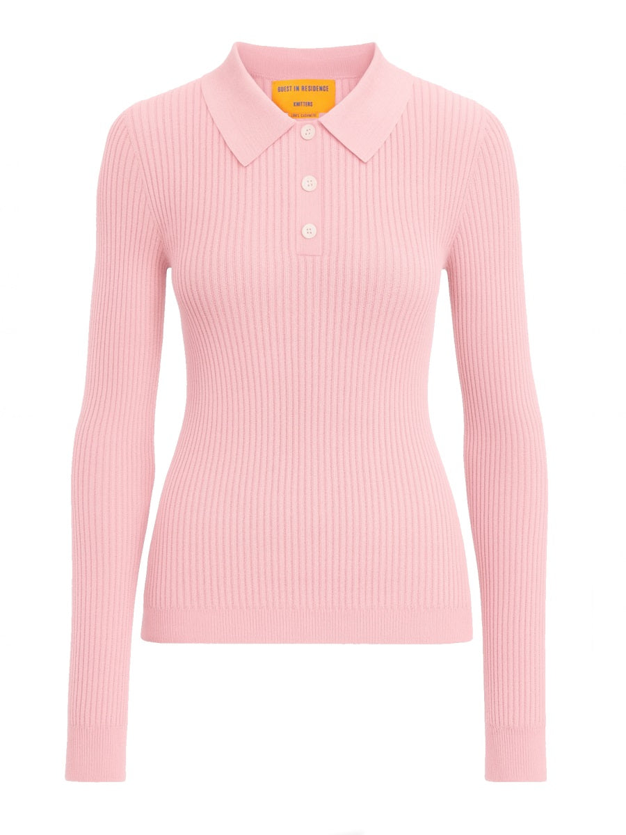 Long Sleeve Shrunken Polo Shirt Pink Cashmere