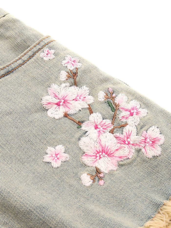 PEACH BLOSSOM PRINTED DENIM SHORTS Grey Cotton Polyester Elastan