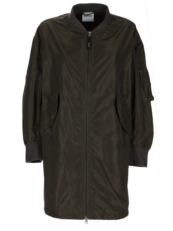 Long Bomber Jacket Military Green Polyester