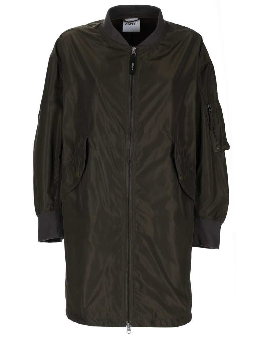 Long Bomber Jacket Military Green Polyester
