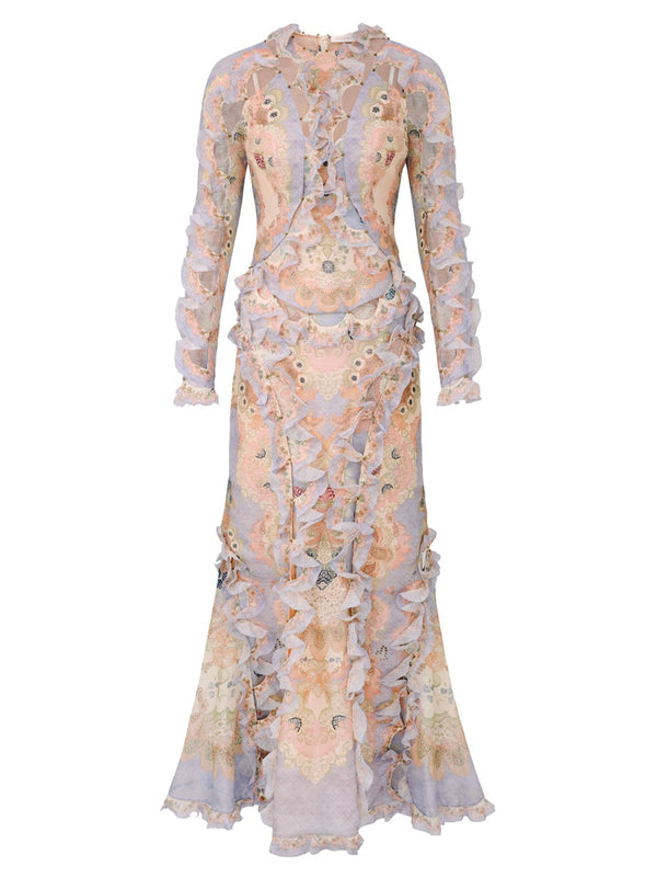 Multicolour Long Dress With Petticoat Linen Silk