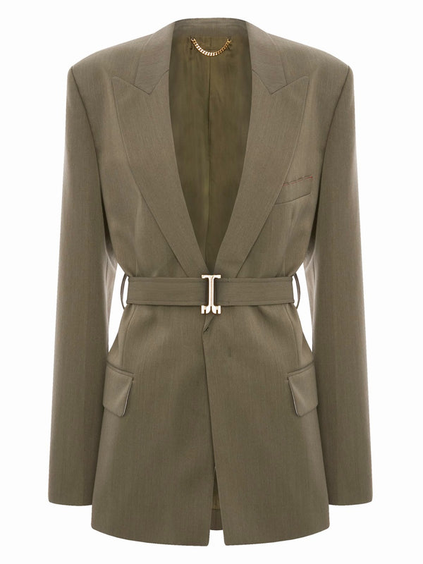 Tailored Blazer With Belt Green Wool Jacket
