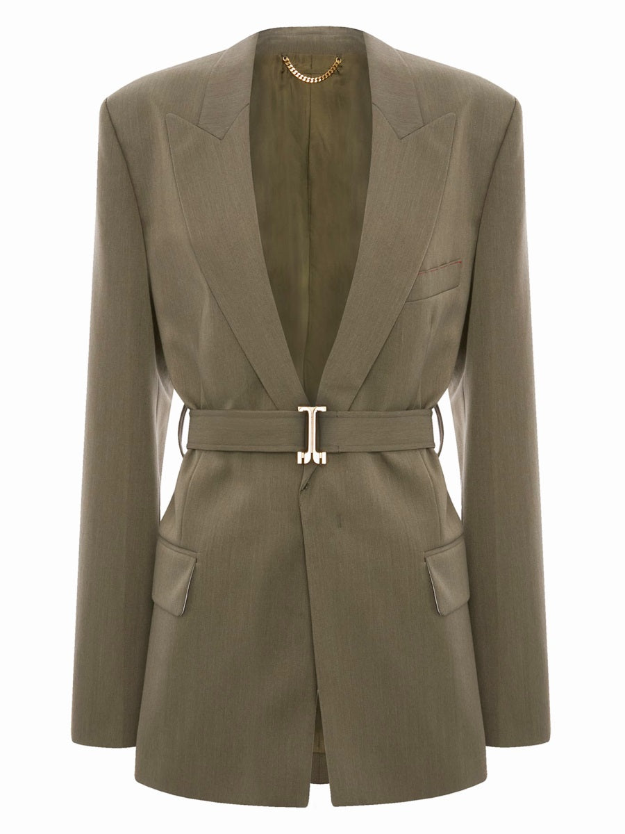 Tailored Blazer With Belt Green Wool Jacket