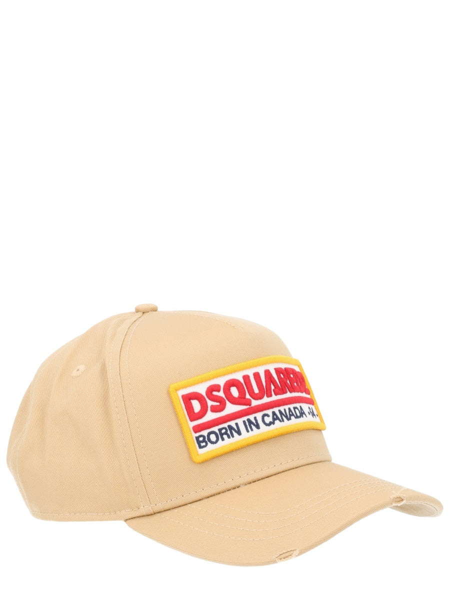 Baseball Hat With Logo Patch Beige Cotton