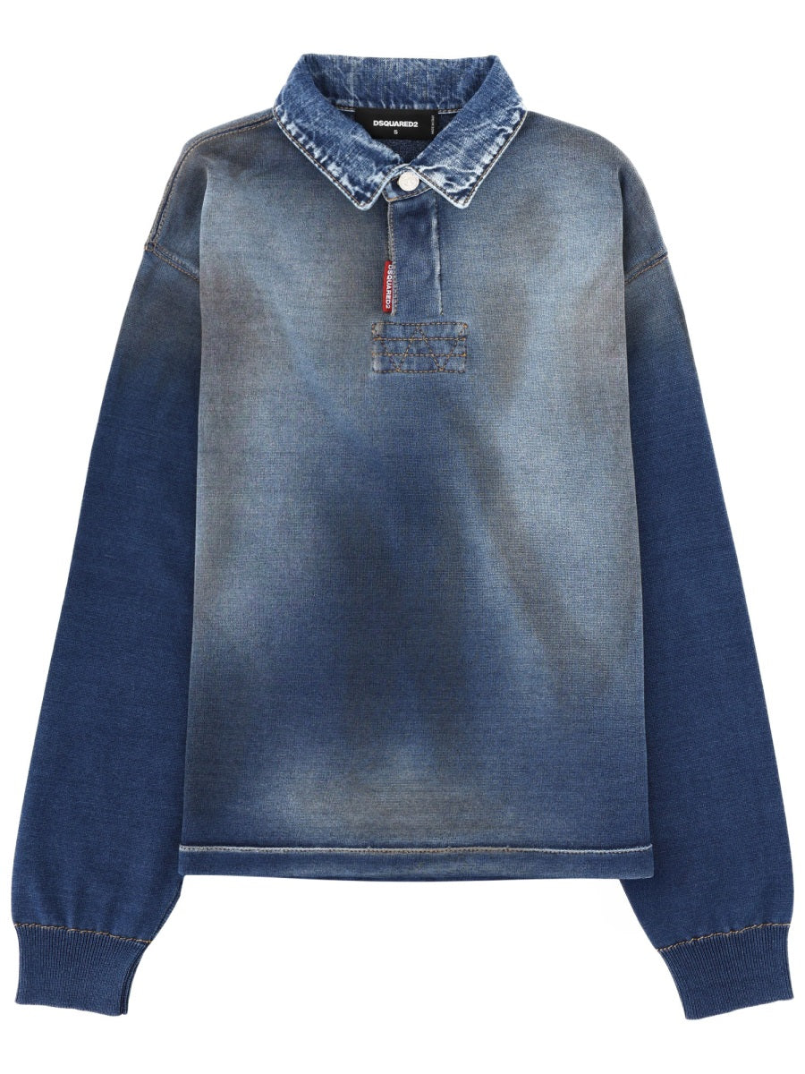 Polo Shirt With Denim Effect Blue Cotton