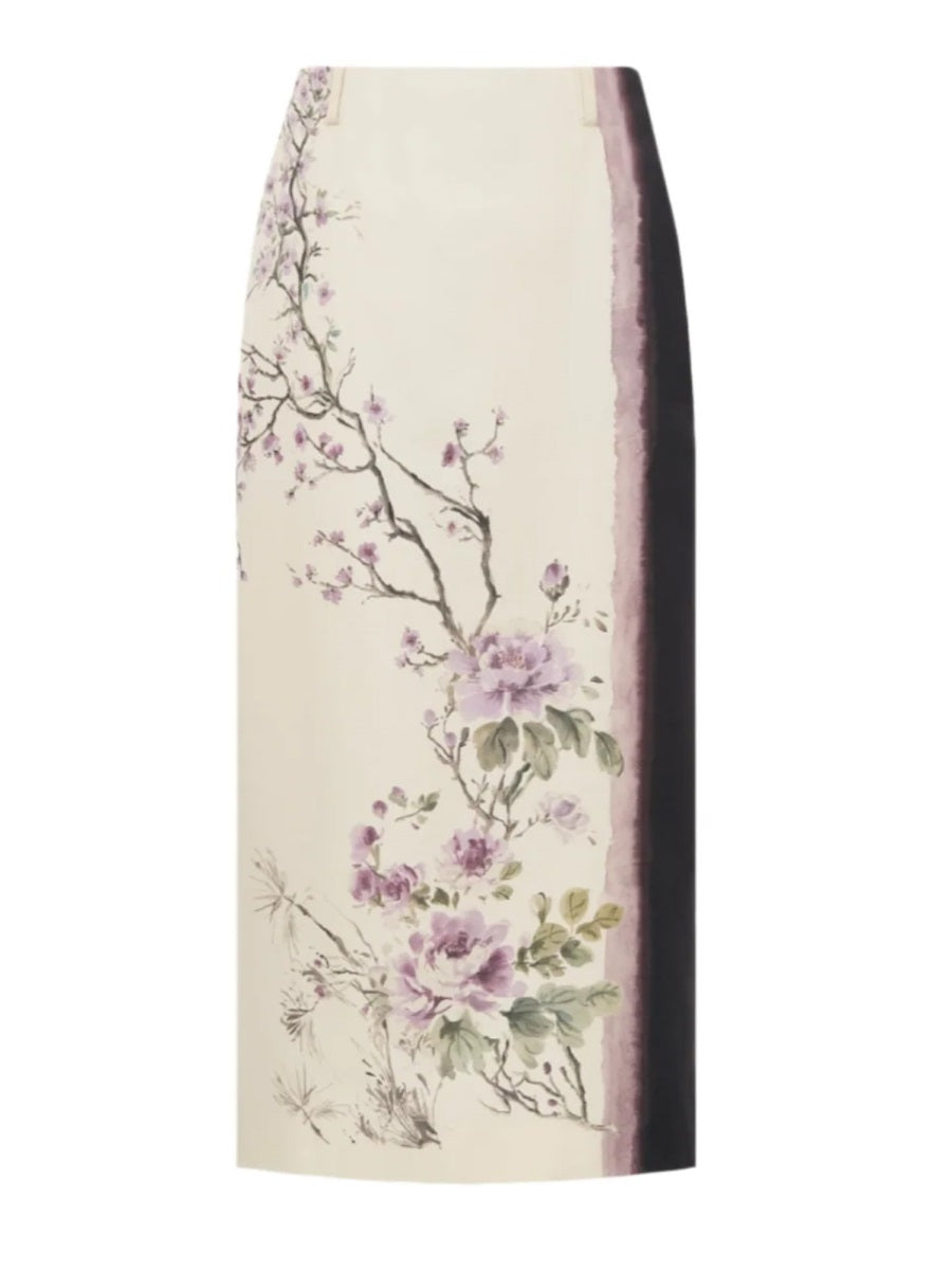 Midi Skirt Printed Silk White