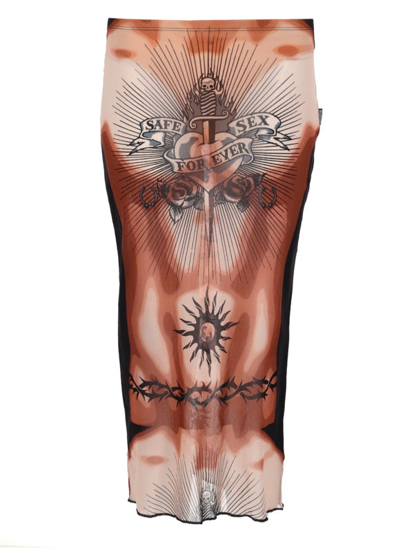 Midi Skirt With Safe Sex Tattoo Print Multicolour Polyamide