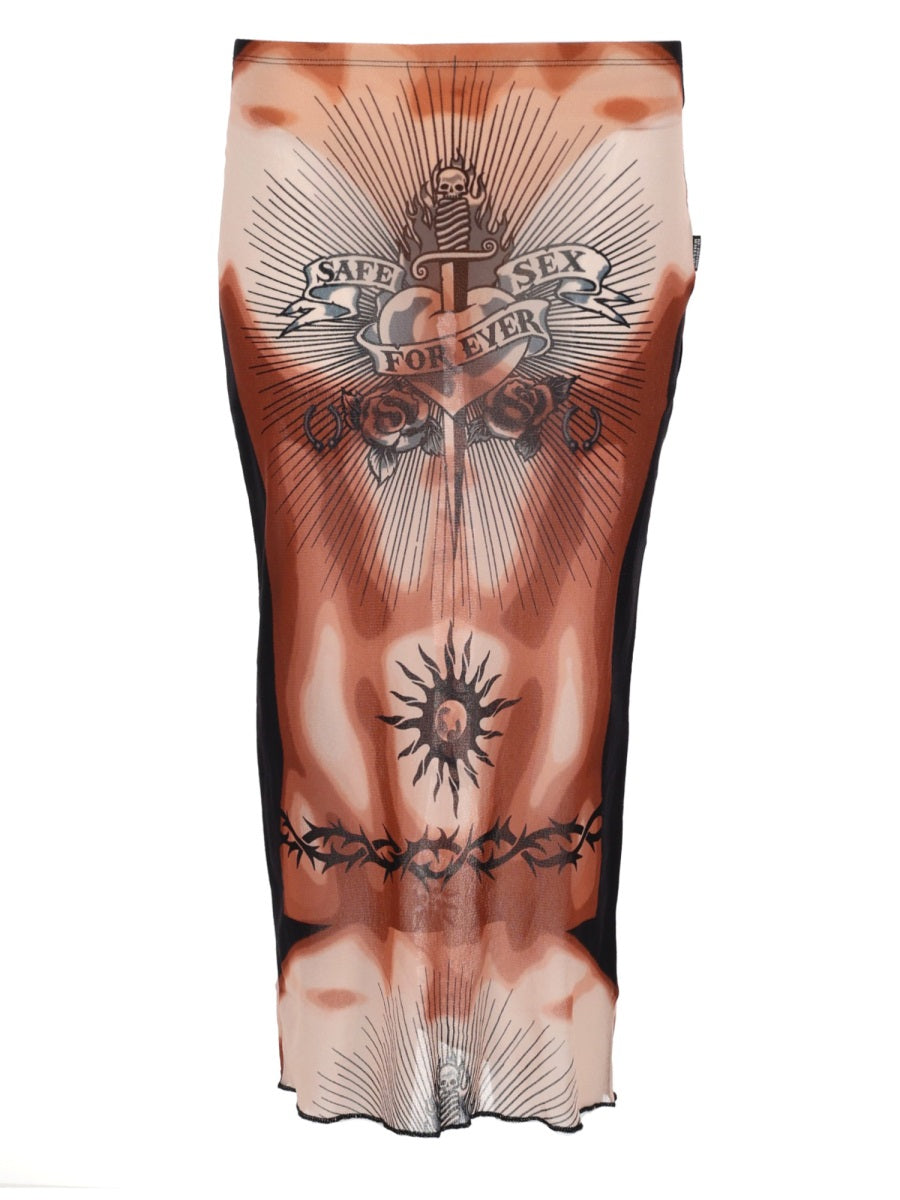 Midi Skirt With Safe Sex Tattoo Print Multicolour Polyamide